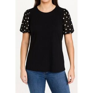 Sanctuary Black Top White Polka Dot Bishop‎ Sleeve T-Shirt Medium